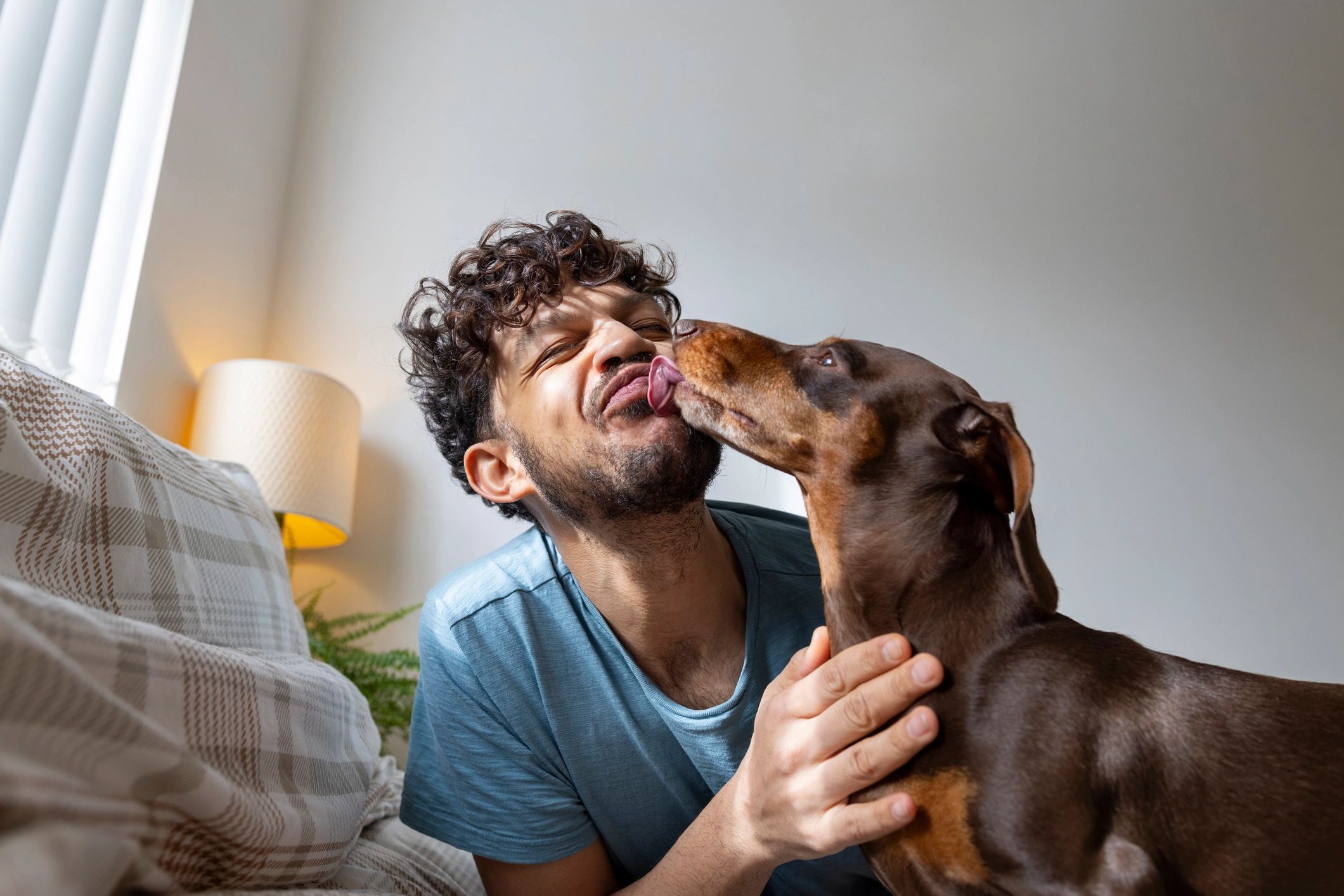 Pet owner sharing a caring moment with a dog